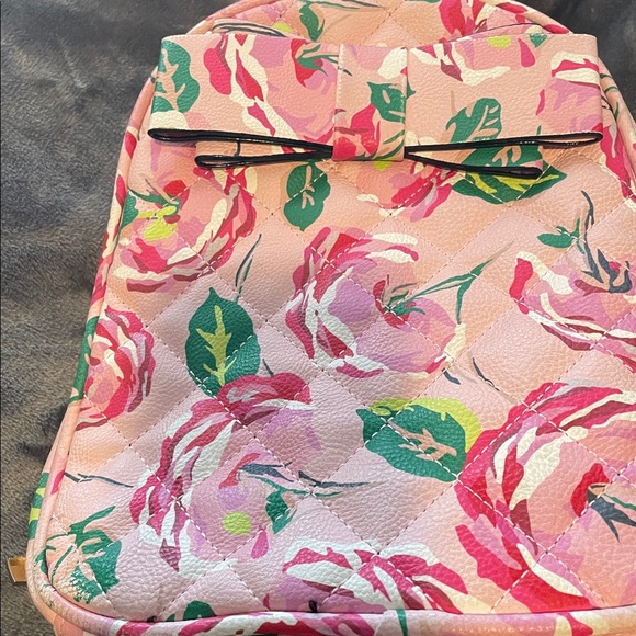 Betsey Johnson Bow Quilted Backpack Purse Pink Floral Vegan Leather Charm - Picture 6 of 9